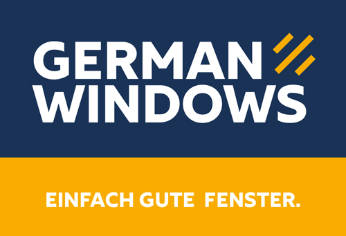 Logo von German Windows in Weiss und Gelb mit Slogan Einfach gute Fenster
