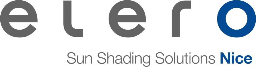 Elero Logo in Grau mit blauem O und dem Schriftzug Sun Shading Solutions Nice
